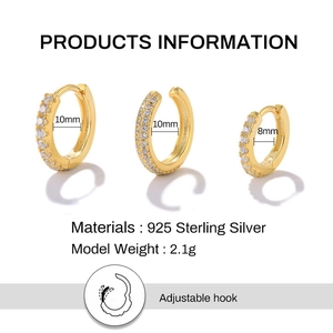 S925 sterling silver gold hoop earrings set with cubic zirconia for non-pierced ears
