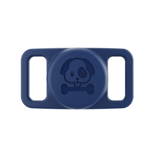 Detail of dark blue silicone AirTag holder for pet collars with dog and bone relief