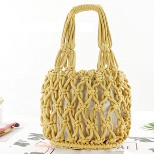 Handmade yellow woven cotton rope handbag with beige canvas lining for summer beach casual style