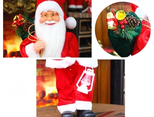Detailed close-up of a standing Santa figurine with glasses, pine cones and a white lantern