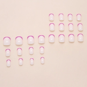 Short square french press-on nails in white and plum pink color with glossy finish 24pcs