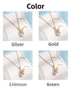 Detail view of heart bird pendant necklaces with size specs 20.8x12.1mm in four colors
