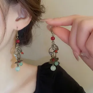 Boucles D'oreilles Pendantes Fleurs Creuses Vintage Alliage Bronze Perles Rouge Vert Style Ethnique Chinois Bijoux Pour Femmes