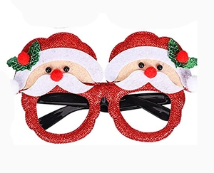 Detail showing red glitter Christmas glasses frame with Santa Claus and holly leaf décor
