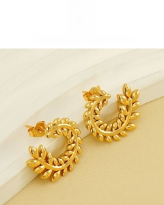 Detail of 18K gold plated wheat ear earrings showing durable color and lustrous finish