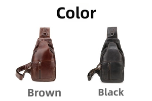 Detail view of brown and black leather chest bags with functional zipper pockets