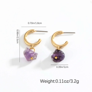 Detailed size specifications for gold hoop earrings with purple natural stone pendants