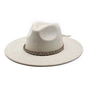 Classic cream faux suede fedora hat with bohemian beaded band and wide flat brim for women
