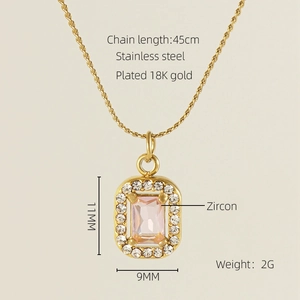 Detail of 18K gold plated stainless steel necklace with pink zircon pendant dimensions