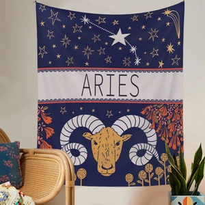 Detailed Aries zodiac tapestry featuring a ram head design and floral accents on a wall