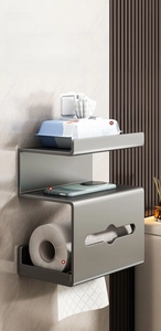 Three-tier wall-mounted aluminum bathroom shelf for tissue storage and organization