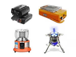 Collage of portable outdoor heaters and camping stoves with stainless steel components