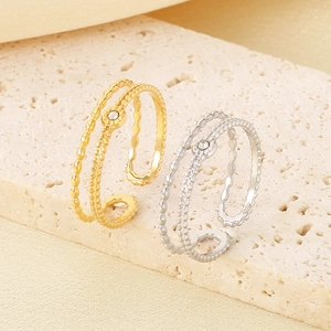 French vintage stainless steel double layer open ring with diamond accent in gold and silver
