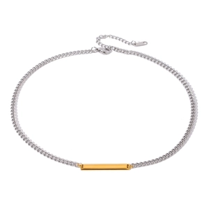 Two-tone stainless steel Cuban chain necklace with a gold rectangular bar pendant