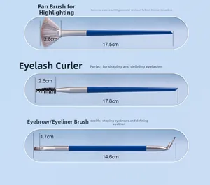 Detailed view of blue fan brush, eyelash spoolie, and dual brow brush with dimensions