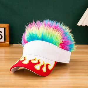 Detail of creative white baseball cap with red brim, flame embroidery and colorful wig hair