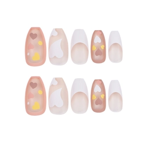 Pink princess French press-on nails set with heart patterns and matte finish designs