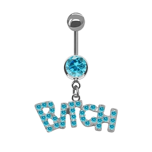Piercing per ombelico in argento con strass blu e ciondolo con lettere Bitch
