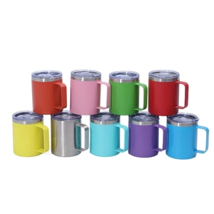 Set of 12oz stainless steel insulated mugs with handles and lids in 9 vibrant colors