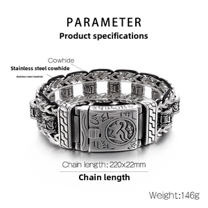 Detail view of woven leather and stainless steel dragon bone bracelet with dimensions