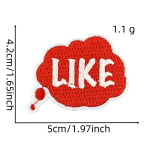 Detailed size chart of the red and white LIKE embroidered patch with dimensions and weight