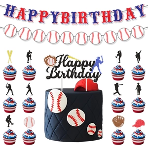 Detailed baseball theme birthday party decoration set with cake toppers and banners