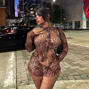 Close-up of leopard print sheer mesh cardigan and matching slim-fit shorts set
