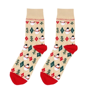 Detailed view of knit cotton Christmas socks featuring snowman and tree patterns