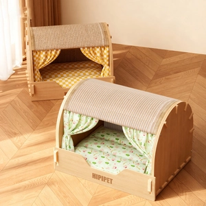 Wood Cat House Bed With Sisal Scratcher Arched Semi Enclosed Nest Including Curtains And Cushion For Indoor Kittens