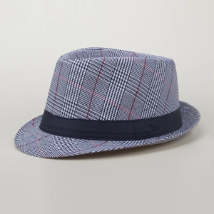 Classic houndstooth men's fedora hat with red check pattern and black ribbon band