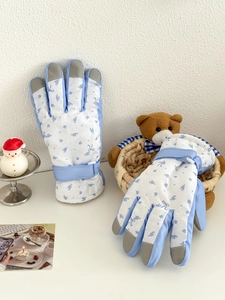 Close-up of blue floral ski gloves with reinforced touch-screen fingertips and wrist straps