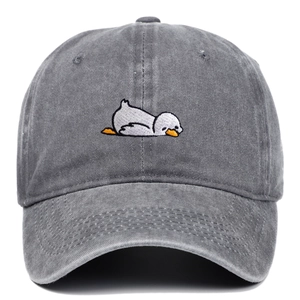Grey washed cotton baseball cap with cute cartoon duck embroidery and wide brim