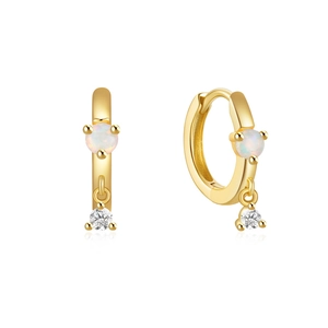 Detailed macro view of S925 silver hoop earrings with white opal and clear zircon charms