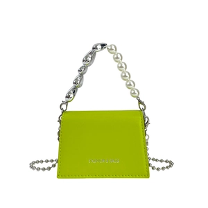 Neon green mini PU leather handbag with pearl handle and silver chain strap