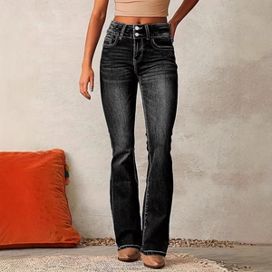 Women's black high-waisted flared jeans with double buttons and slim fit washed denim style