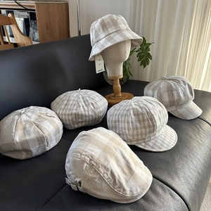 Vintage Plaid Linen Blend Hats Beret Bucket Hat Newsboy Cap Breathable Foldable Adjustable Retro Unisex Gingham Style