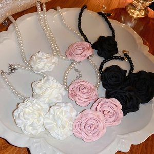 Collier Choker Künstliche Perles Fleur Camélia Tissu Bracelet Boucles Oreilles Tige En Argent Bijoux Vintage Élégants Pour Femmes