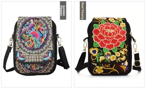 Detail of ethnic embroidered crossbody bags with Money Flower and Red Peony patterns