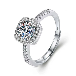 Elegant silver S925 sterling silver ring with halo cushion-cut moissanite and open band