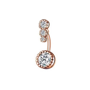 Rose gold navel ring with sparkling cubic zirconia crystals on white background