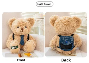 Detailed front and back views of a light brown plush teddy bear with a denim backpack