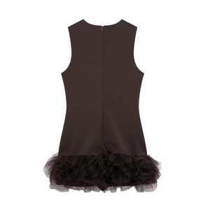 Sleeveless dark brown mini dress featuring black mesh ruffles and a hidden back zipper