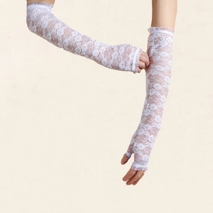 Elegant white floral lace long fingerless sun sleeves with ruffled edges and thumb holes