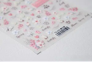 Détails des stickers ongles 5D TS-055 avec fleurs de cerisier roses et oiseaux