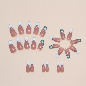 Light blue French tip coffin fake nails with glitter accents and elegant nude base color