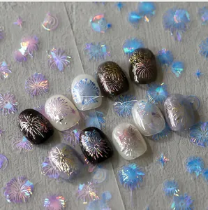 Detailed holographic firework nail stickers with 3D laser gold and star patterns