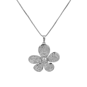 Macro detail of silver five-petal flower pendant with unique hammered texture and box chain