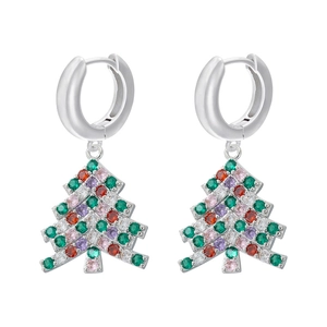 Macro shot of silver hoop earrings featuring colorful gemstone encrusted Christmas trees