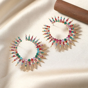 Colorful oversized C-shaped flower drop earrings with multi-color rhinestones and gold alloy