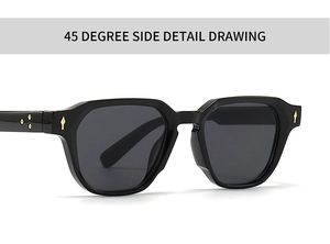 Detailed 45-degree side view of black frame sunglasses with gold star metal rivets